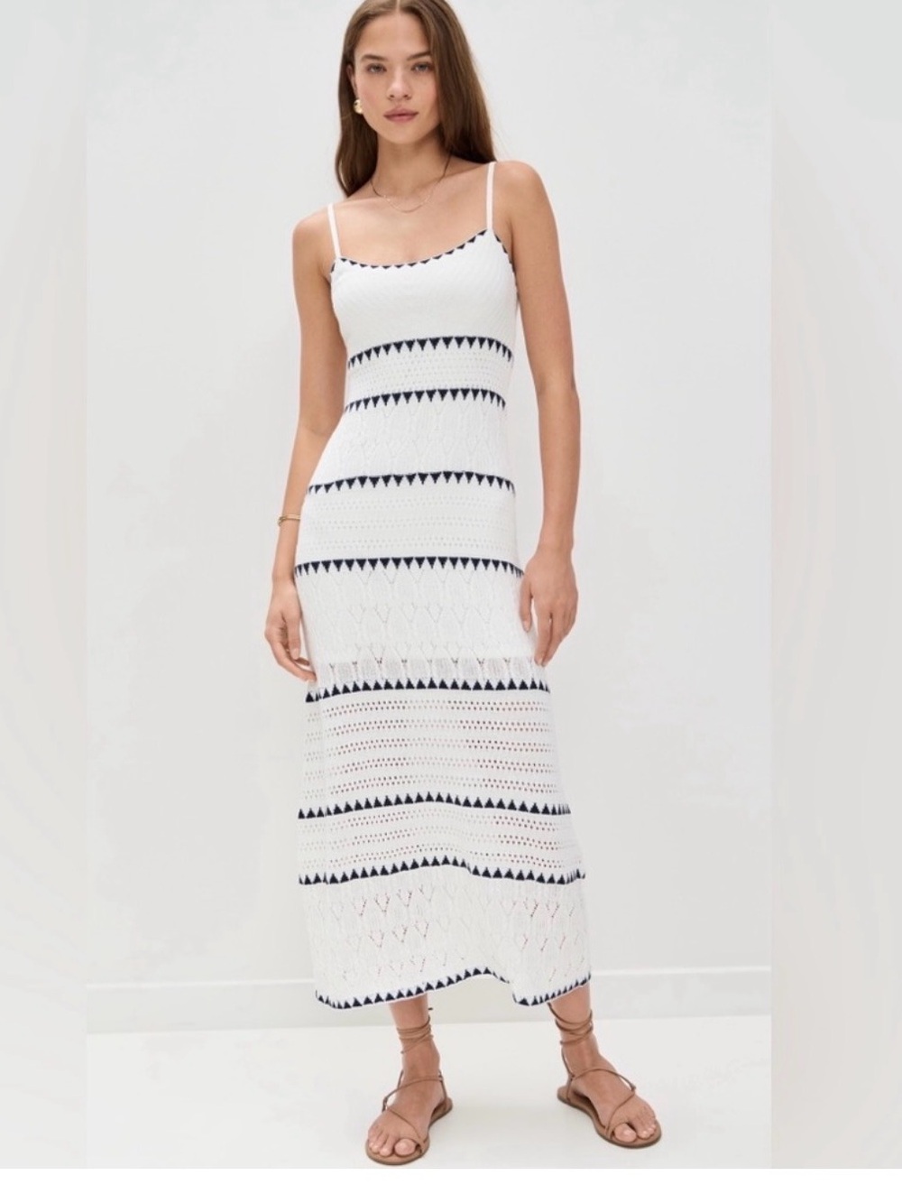 Z Supply White Crochet Maxi Dress with Black Accent Stripes